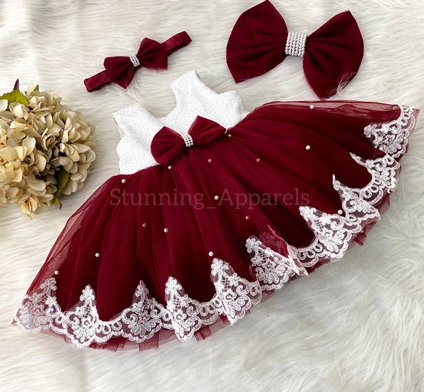 Bottom White Lace Work Maroon Dress  - 3-6 Month