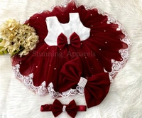 Bottom White Lace Work Maroon Dress  - 3-6 Month
