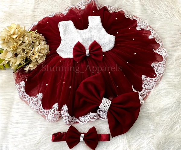 Bottom White Lace Work Maroon Dress  - 3-6 Month