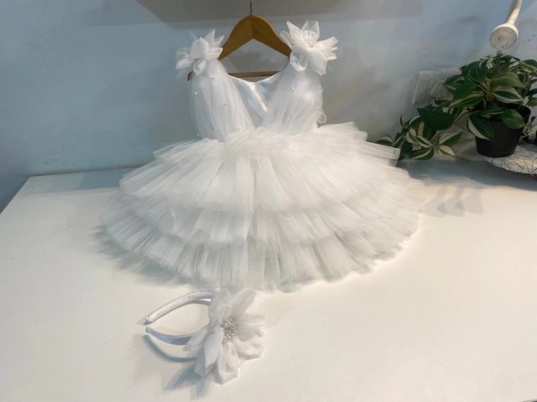 Shoulder Flower Work Layered White Dress  - 0-3 Month