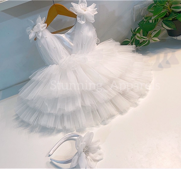Shoulder Flower Work Layered White Dress  - 1-2 Years