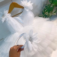 Shoulder Flower Work Layered White Dress  - 1-2 Years