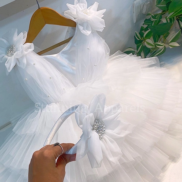 Shoulder Flower Work Layered White Dress  - 1-2 Years