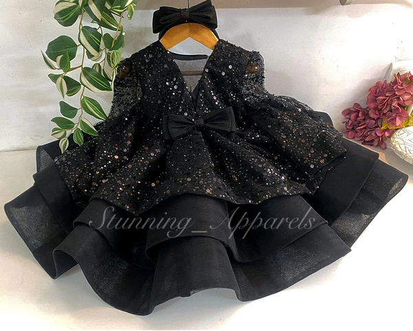 Designer Long Sleeves Beads Sequin Black Dress  - 1-2 Years