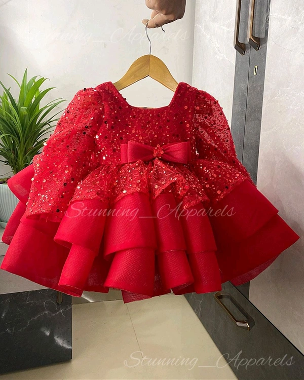 Designer Long Sleeves Bead Sequin Red Dress  - 2-3 Years