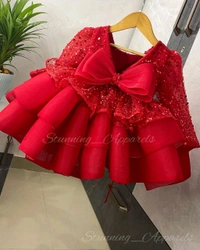 Designer Long Sleeves Bead Sequin Red Dress  - 3-4 Years