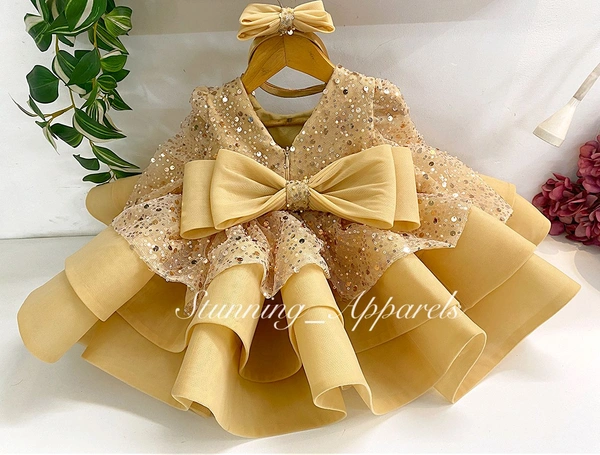Designer Long Sleeves Beads Sequin Golden Dress  - 3-4 Years