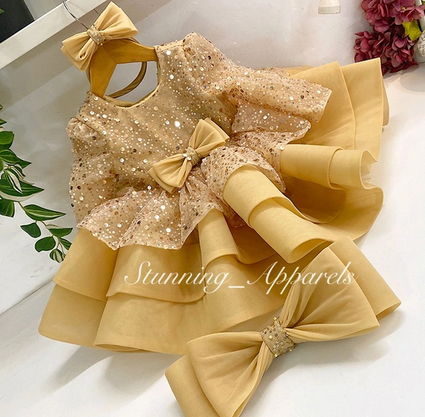 Designer Long Sleeves Beads Sequin Golden Dress  - 3-4 Years