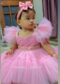 Sweetheart Neckline Hand Work Ruffled Sleeves Dark Baby Pink Dress  - 0-3 Month