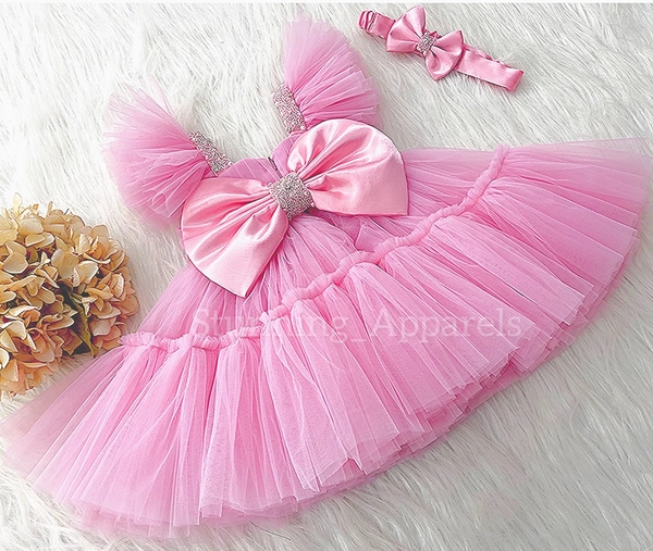 Sweetheart Neckline Hand Work Ruffled Sleeves Dark Baby Pink Dress  - 3-6 Month
