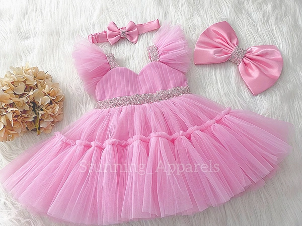 Sweetheart Neckline Hand Work Ruffled Sleeves Dark Baby Pink Dress  - 9-12 Month