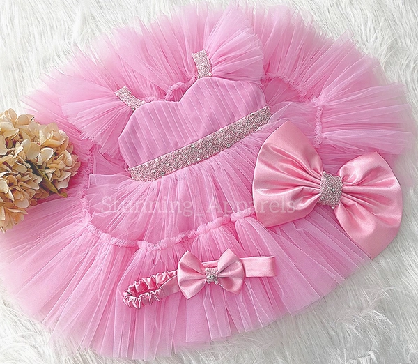 Sweetheart Neckline Hand Work Ruffled Sleeves Dark Baby Pink Dress  - 4-5 Years