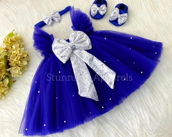 Silver Sequins Bow And White Pearls Work Royal Blue Dress  - 3-6 Month