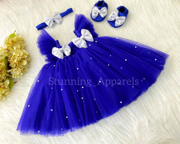 Silver Sequins Bow And White Pearls Work Royal Blue Dress  - 3-4 Years