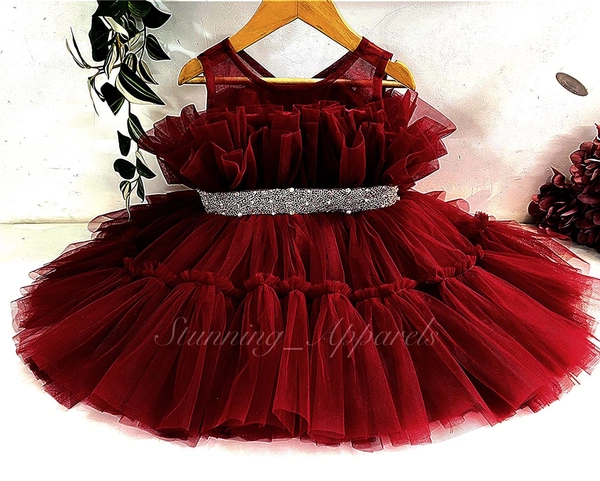 Designer Hand Work Ruffled Maroon Dress  - 6-9 Month