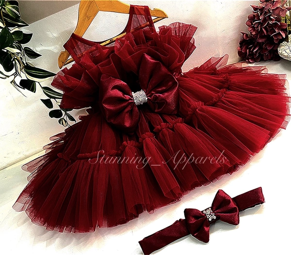 Designer Hand Work Ruffled Maroon Dress  - 6-9 Month