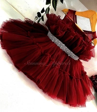 Designer Hand Work Ruffled Maroon Dress  - 6-9 Month