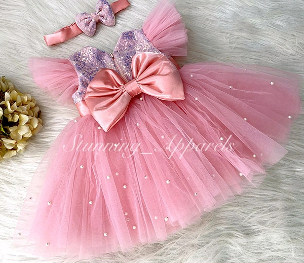 Stylish Satin Bow Party Wear Peach Dress  - 0-3 Month