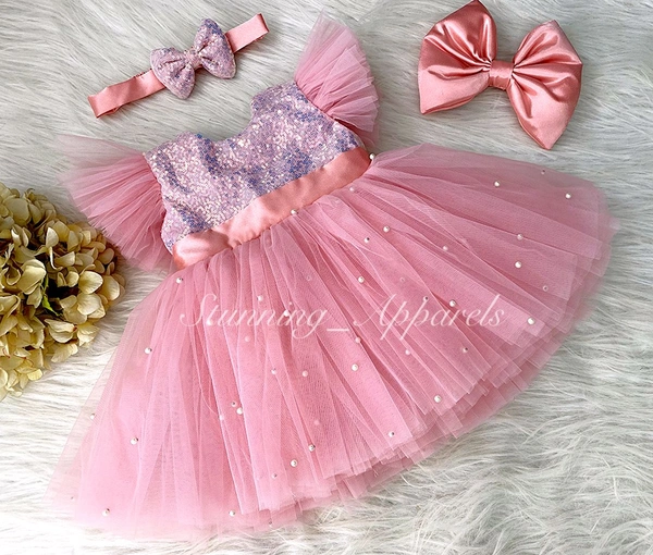 Stylish Satin Bow Party Wear Peach Dress  - 3-4 Years