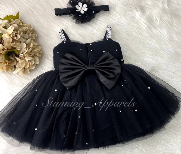 Waistline White Flower Work Strapped Black Dress  - 0-3 Month