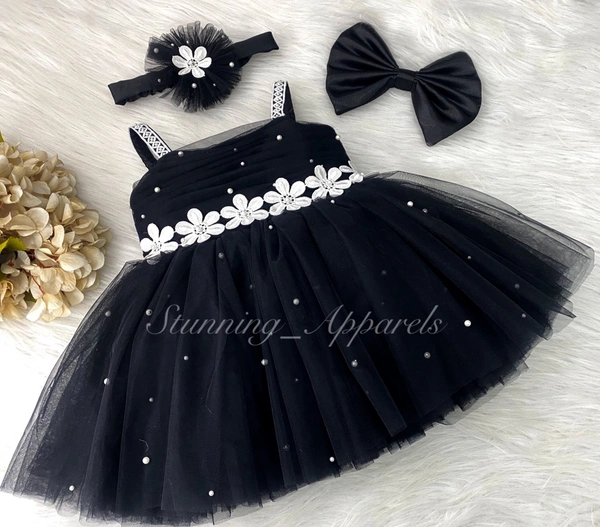 Waistline White Flower Work Strapped Black Dress  - 2-3 Years