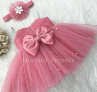 Waistline Flower Work Peach Dress  - 9-12month
