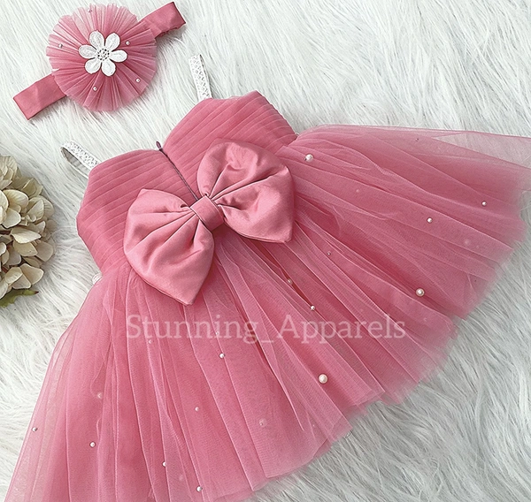 Waistline Flower Work Peach Dress  - 9-12month