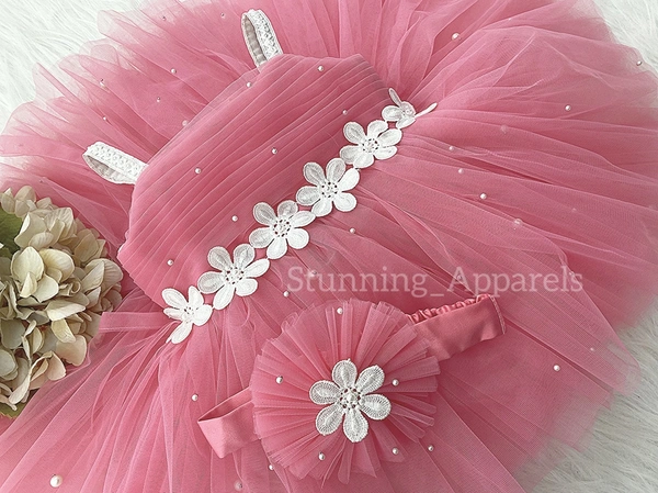 Waistline Flower Work Peach Dress  - 1-2years