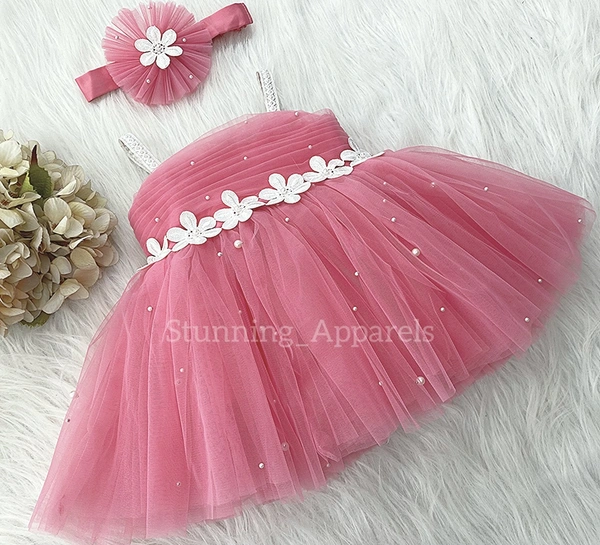 Waistline Flower Work Peach Dress  - 4-5years