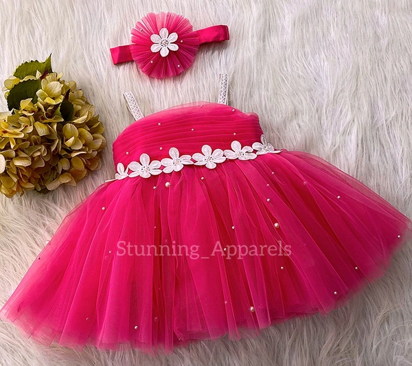 Waistline White Flower Work Magenta Pink Dress  - 2-3years