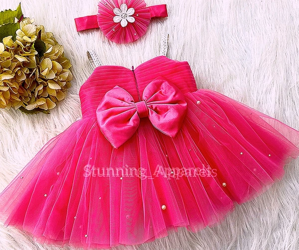 Waistline White Flower Work Magenta Pink Dress  - 2-3years