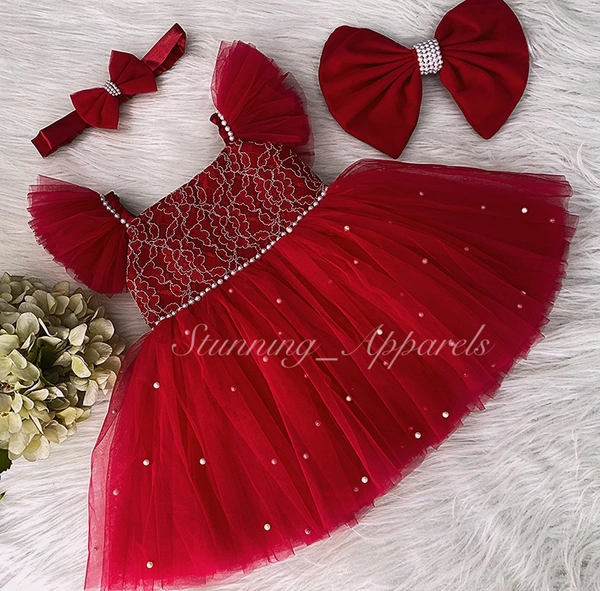 Waistline Pearls Work Ruffled Sleeves Red Dress  - 1-2 Years