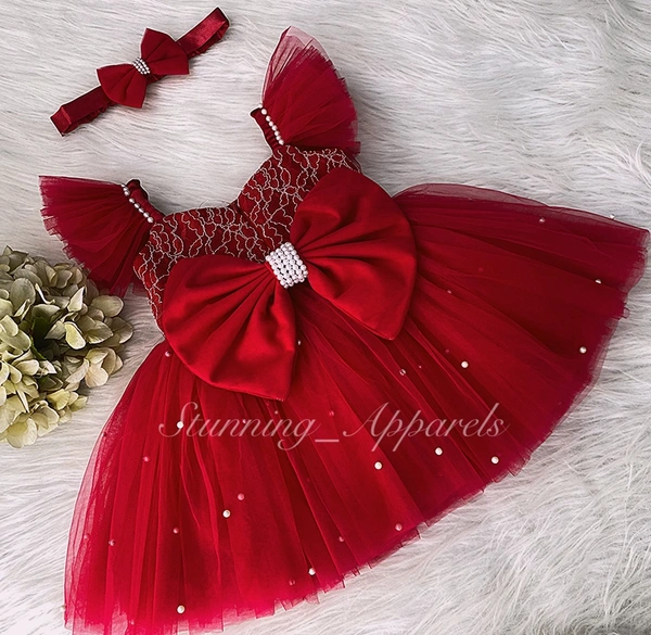 Waistline Pearls Work Ruffled Sleeves Red Dress  - 1-2 Years