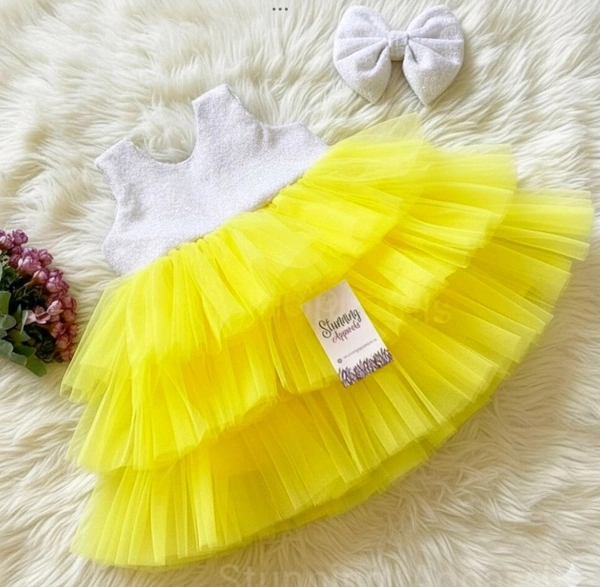 Milky Sequin Bow Three Layered Dark Yellow Dress  - 6-9 Month