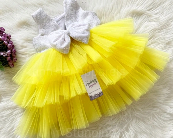 Milky Sequin Bow Three Layered Dark Yellow Dress  - 6-9 Month
