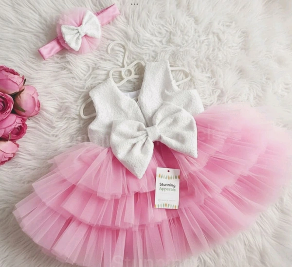 Milky Sequin Bow Layered Baby Pink Dress - 9-12 Month
