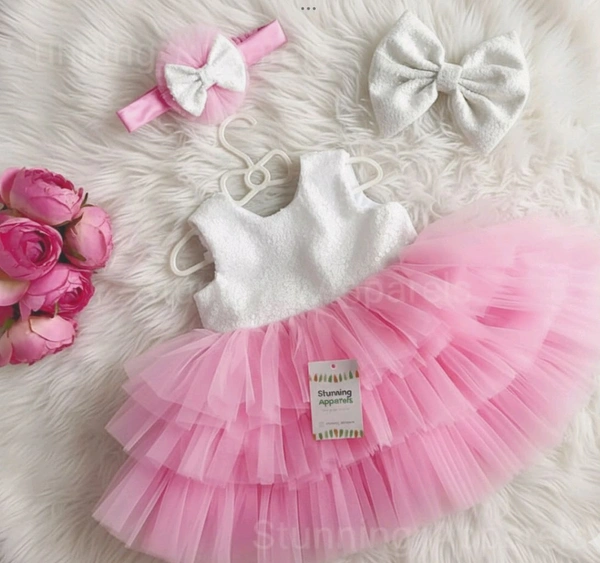 Milky Sequin Bow Layered Baby Pink Dress - 4-5 Years