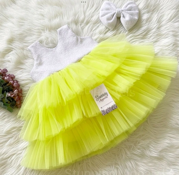 Milky Sequins Bow Three Layered Light Yellow Dress  - 6-9 Month