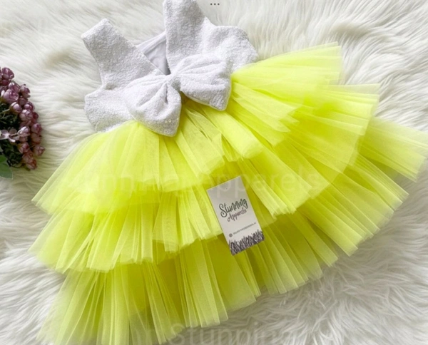 Milky Sequins Bow Three Layered Light Yellow Dress  - 9-12 Month