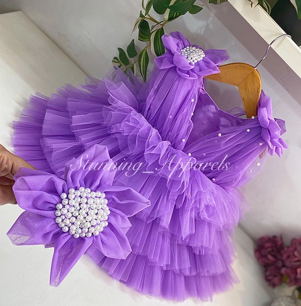 Shoulder Flower Work Layered Light Lavender Dress  - 3-4 Years
