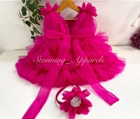 Shoulder Flower Work Layered Magenta Dress  - 0-3 Month