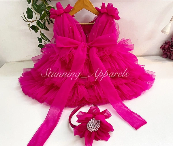 Shoulder Flower Work Layered Magenta Dress  - 0-3 Month