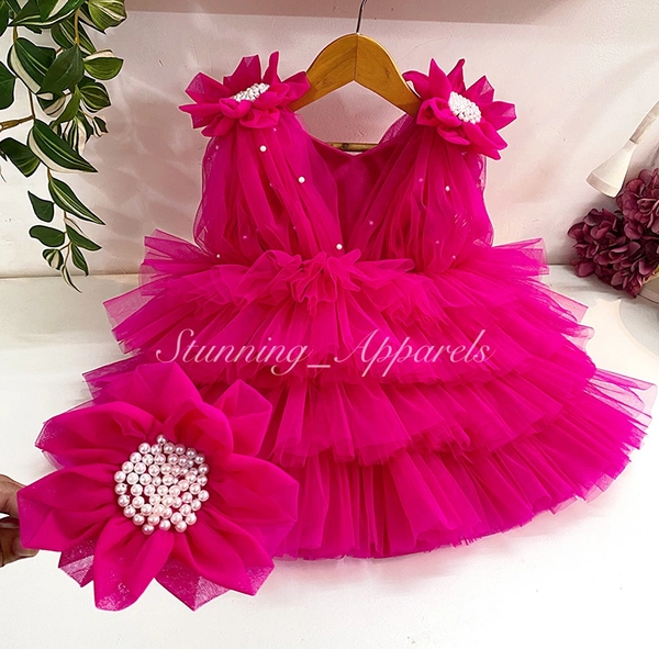 Shoulder Flower Work Layered Magenta Dress  - 6-9 Month