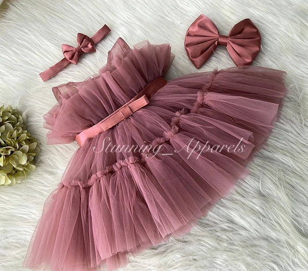 Satin Bow Ruffled Party Wear Mustard Brown Dress  - 0-3 Month