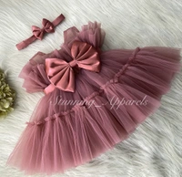Satin Bow Ruffled Party Wear Mustard Brown Dress  - 1-2 Years