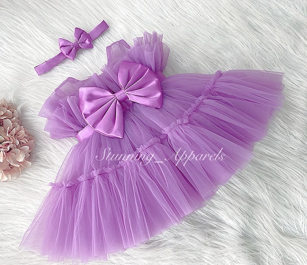 Satin Bow Ruffled Light Lavender Dress  - 6-9 Month