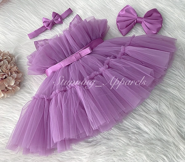 Satin Bow Ruffled Light Lavender Dress  - 9-12 Month