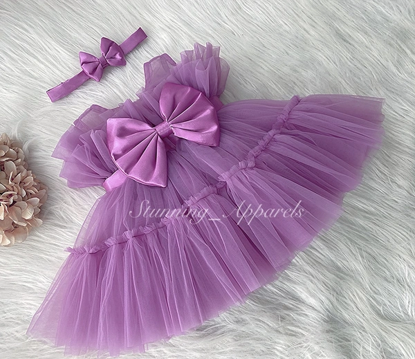 Satin Bow Ruffled Light Lavender Dress  - 9-12 Month