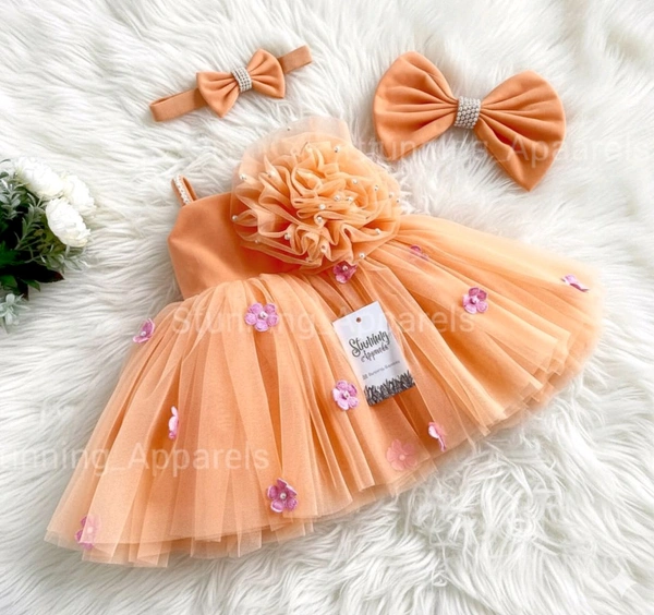 Pink Flower Work Strapped Neon Orange Dress  - 9-12month