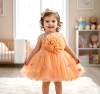 Pink Flower Work Strapped Neon Orange Dress  - 2-3 Years